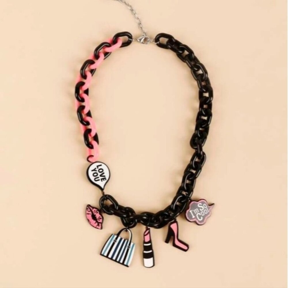Pink & Black Plastic Eighties Charm‎ Necklace Retro Fun Party Eclectic Jewelery